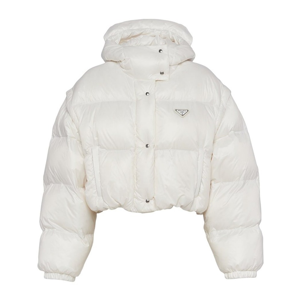 PRADA White Re-Nylon Convertible Cropped Down Puffer Jacket Detachable Vest Hood